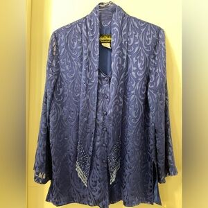 Vintage 80s Bob Mackie wearable art Royal Blue silk blend blouse w/beading sz L